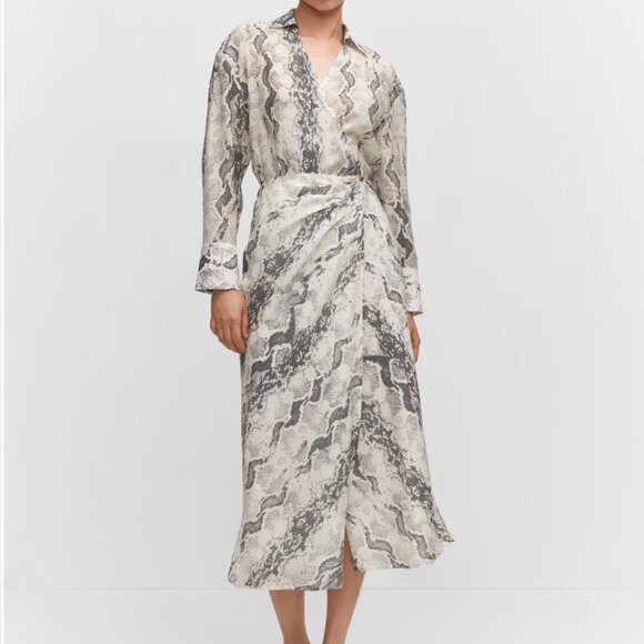 MANGO Women's Size 6 Off-White Snake Print Lyocell Wrap Midi Dress - Picture 1 of 7